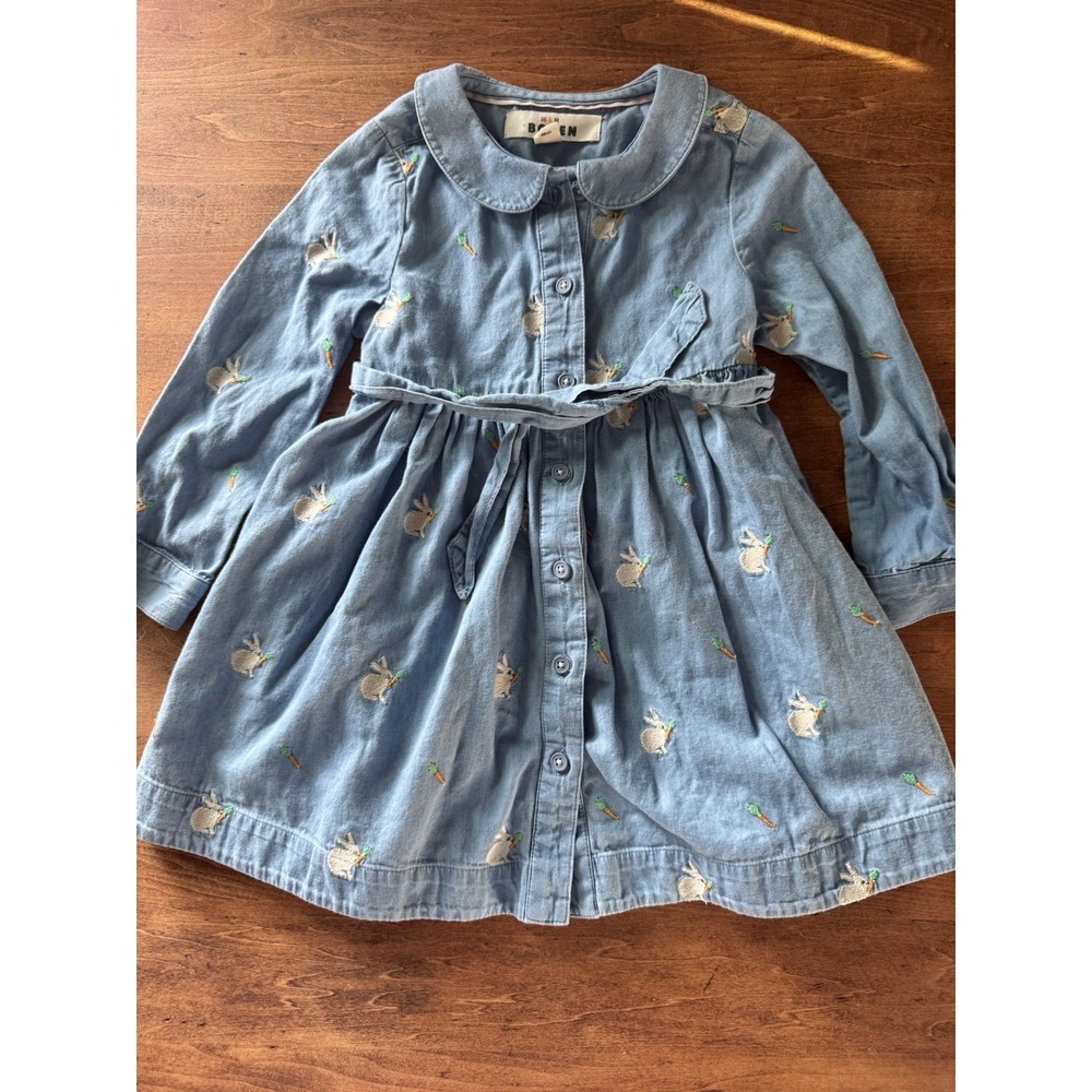 Mini Boden Girls 2-3Y Chambray Dress Embroidered Bunny Rabbit Carrot Belted